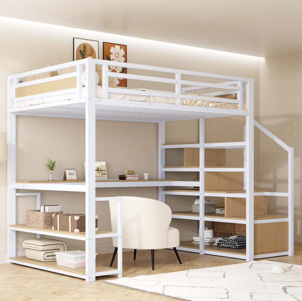 Letto a soppalco in metallo 140x200 cm con scrivania e ripiani