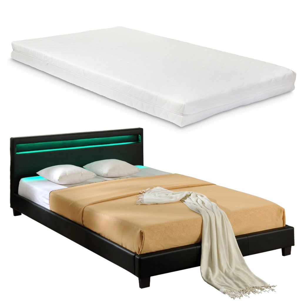 Letto Francese con Materasso 140x200 cm Testiera Alta con Illuminazione a LED Similpelle - Nero Corium