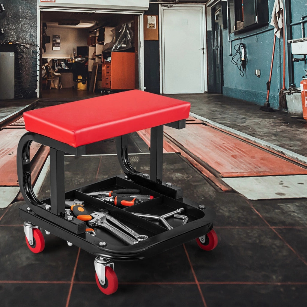Sgabello da officina con ruote sedile imbottito e vassoio porta attrezzi, Sgabello da meccanic portata 150KG-Deposito utensili Tool