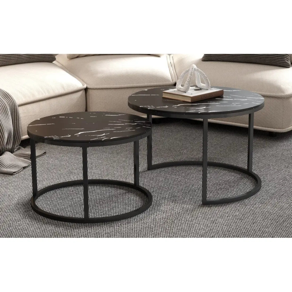 Tavolino basso nidificato MANHATTAN – Effetto marmo nero e metallo – Design chic