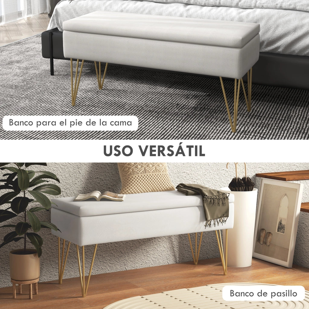 Pouf contenitore per camera da letto ¨C Xylo ¨C tessuto lino sintetico crema con pied in acciaio