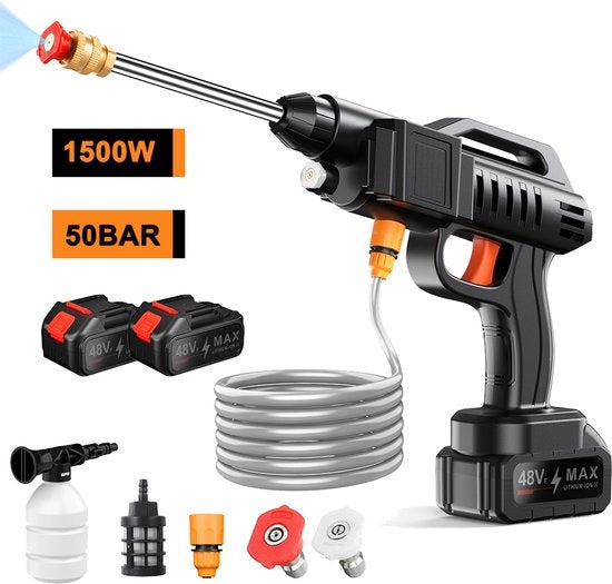Aspiratore ad alta pressione 1500W - Senza fili - 21V batteria - Pistola per getto d'acqua - Accessori per lavatrici