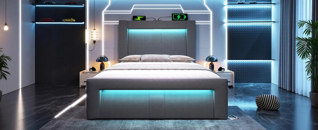 DESMIU Letto singolo 90 × 200 cm con vano contenitore, LED, USB, Type-C, senza materasso, in velluto, grigio