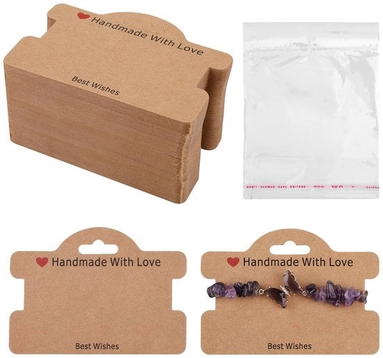 Pacchetti di imballaggio per bracciale 100 set - Carte di presentazione marroni - Borse trasparenti - Imballaggi multifunzionali - Materiale cartone/plastica - Dimensioni 10x7cm/15x11cm - Pacchetti di imballaggio