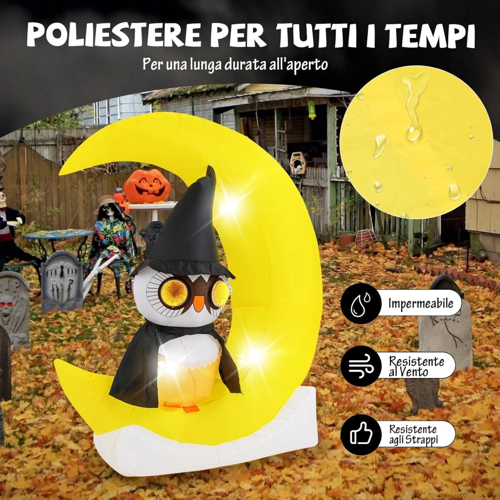COSTWAY Decorazione Gonfiabile per Halloween 130 x 155 CM, Decorazione di Halloween Illuminata con LED e Grande Luna e Gufo Mago e Soffiatore Incorporato, per Cortile, Prato e Feste