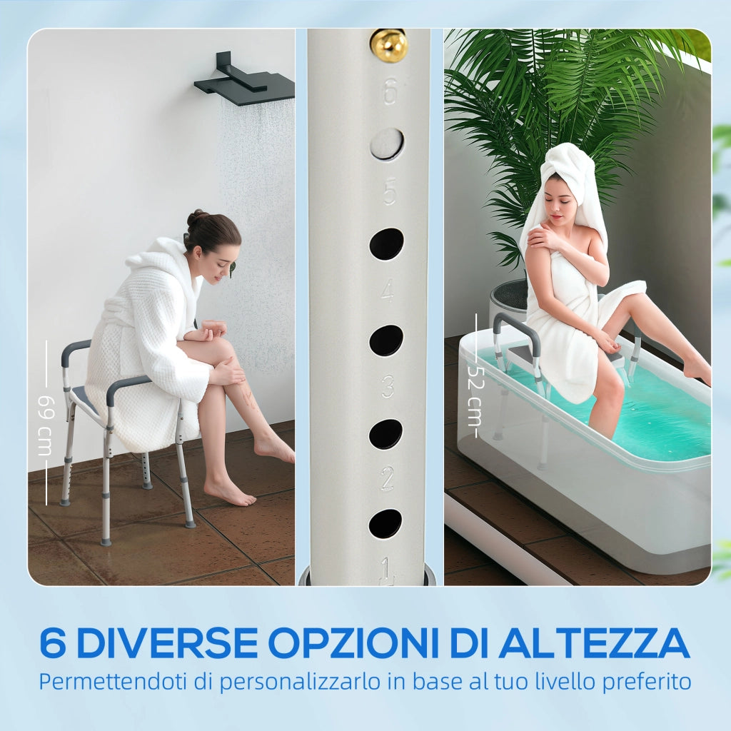 Sgabello per Doccia Regolabile con Braccioli e Fori di Drenaggio in Alluminio, 52x45x57-69 cm, Grigio