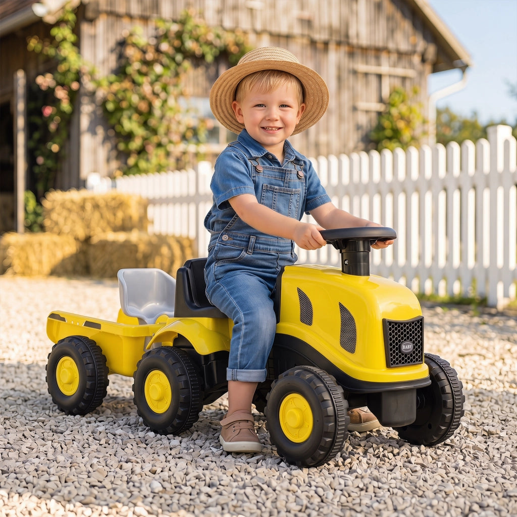 Trattore cavalcabile per bambini con rimorchio rimovibile clacson cruscotto pala e rastrello, Auto cavalcabile per bambini 18-36 mesi Giallo
