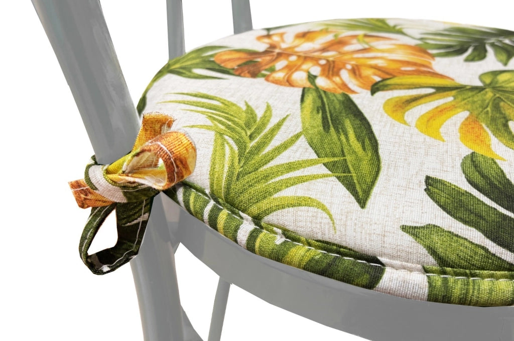 Set 4 Cuscini Sedia Rotondi Cotone Stile Urban Jungle Coprisedie Tondi Foglie Palma Lavabili Morbidi