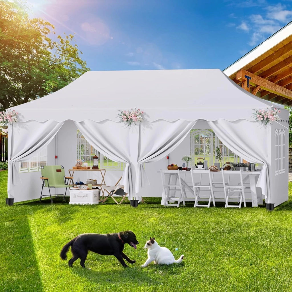 Gazebo 3x6 Pieghevole Impermeabile Con 6 Pareti Laterali - Tenda Protezione UV 50+ - 12 Chiodi Rettificati e 6 Corde - Per Esterno, Giardino, Campeggio, Matrimoni - Bianco