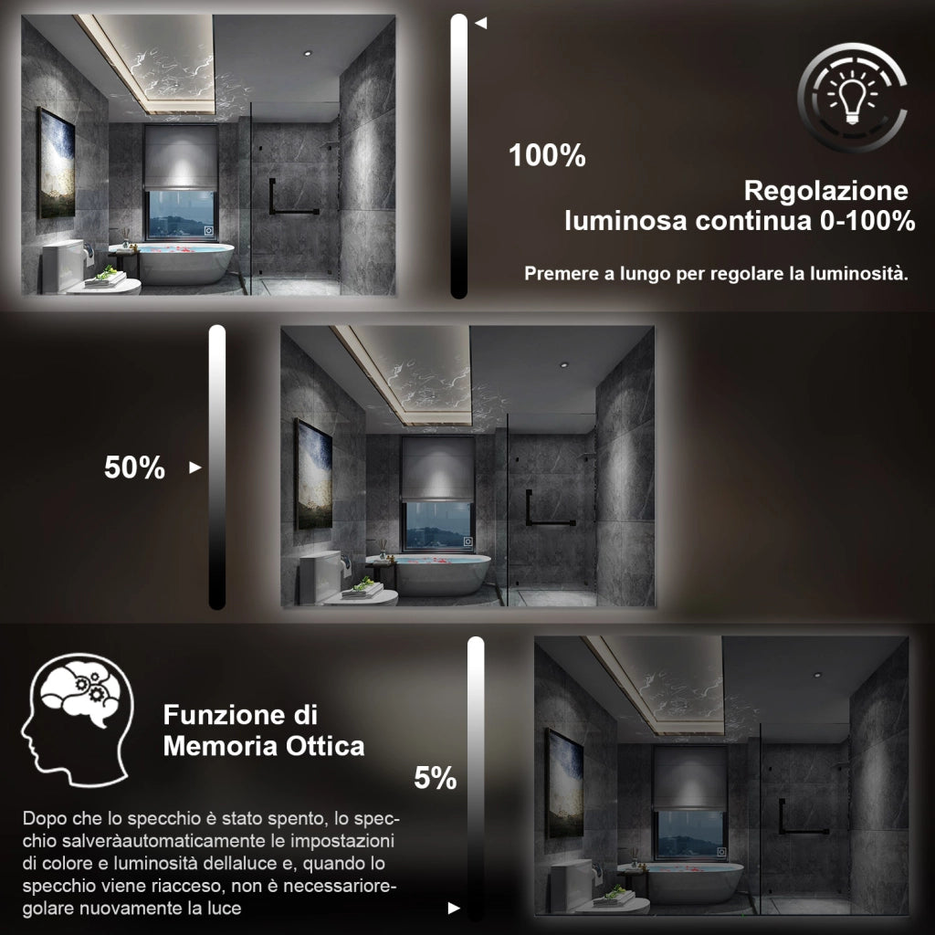 specchio 80 x 60 cm rettangolare con luce led antiappannamento e touch