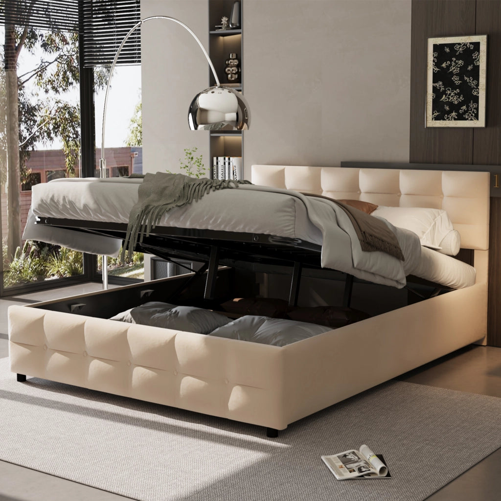 Letto contenitore matrimoniale 180×200 cm con rete sollevabile idraulica; senza materasso; velluto olandese; beige