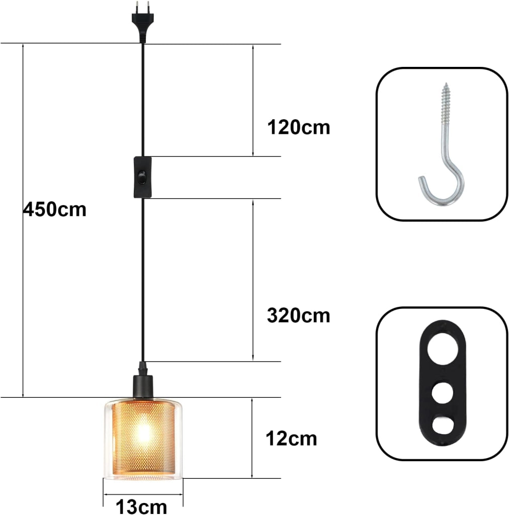 Lampada a sospensione ZMH vintage con 1 fiamma in vetro dorato spina E14 e interruttore cavo in metallo da 4,5m