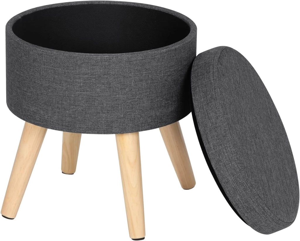 Pouf Contenitore Sgabello Basso Sedia Rotonda Poggiapiedi Gambe in Legno Grigio Scuro