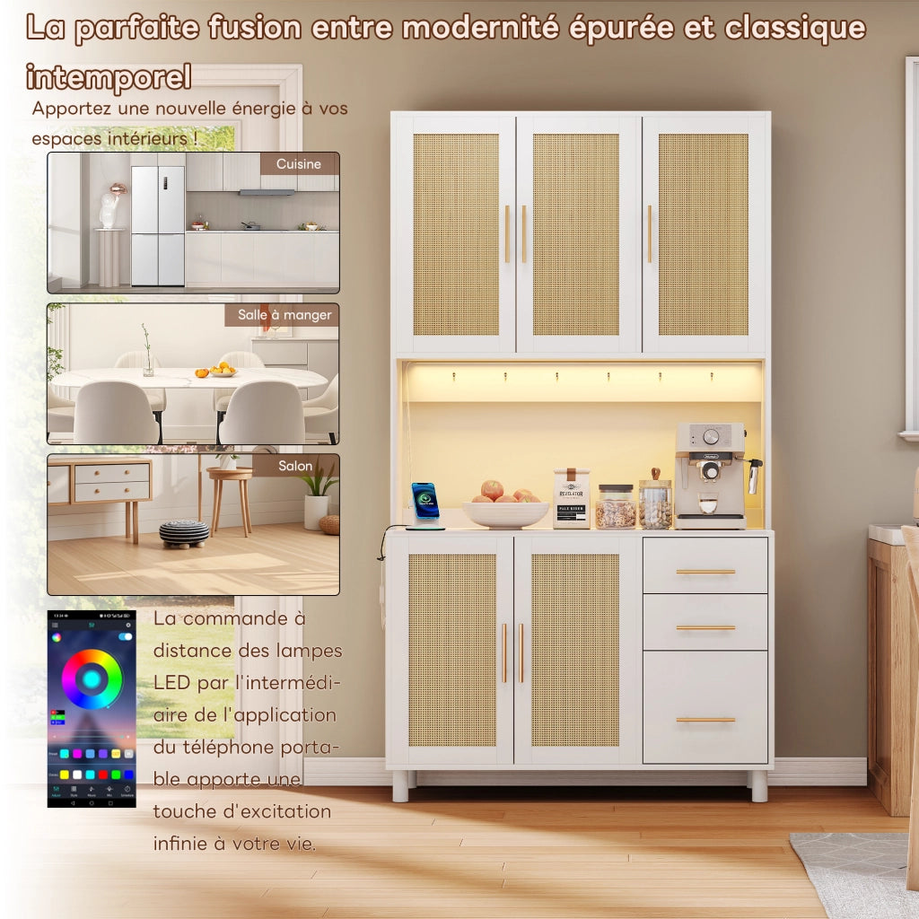 Credenza da Cucina con 5 Ante; 3 Cassetti; 2 Ripiani Regolabili; LED; Prese e USB; in MDF; Bianco