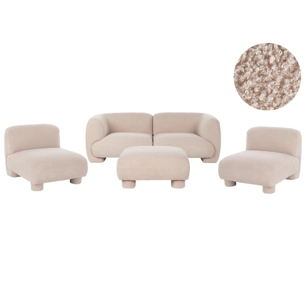 Set da salotto 4 posti con pouf, modulare dal profilo ribassato in stile organico e curvo beige