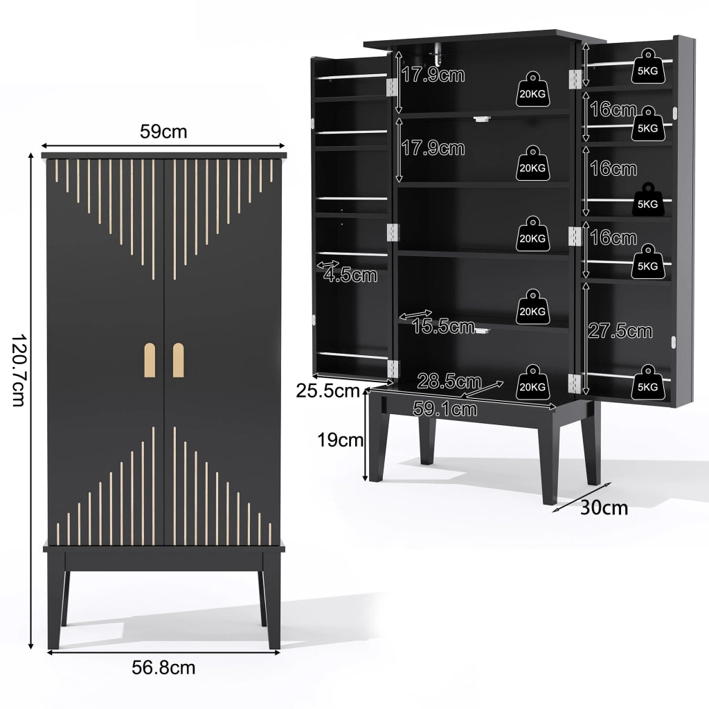 Armadio contenitore vintage moderno in MDF nero, 120 x 59 x 30 cm, con 5 scomparti e 2 ante