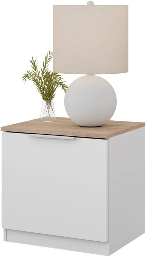 Comodino camera da letto Betti, Bianco/Sonoma, 50 x 50 cm con 1 porta, per riporre oggetti di uso quotidiano e combinabile
