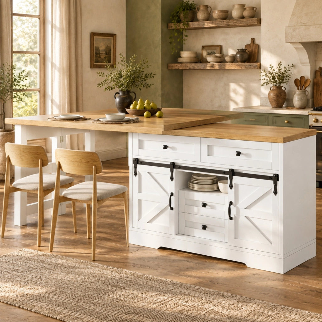 Isola cucina in MDF con tavolo estensibile e pannelli girevoli
