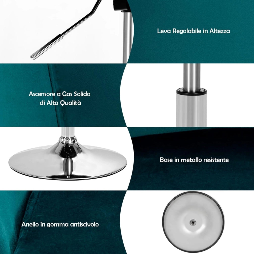 Sgabelli da Bar Girevole in Velluto, Sgabelli Cucina Moderni Design Alte con Schienale, Sedia Rotondo Regolabile in Altezza, con Braccioli, per Cucina Ufficio Bar (Verde)
