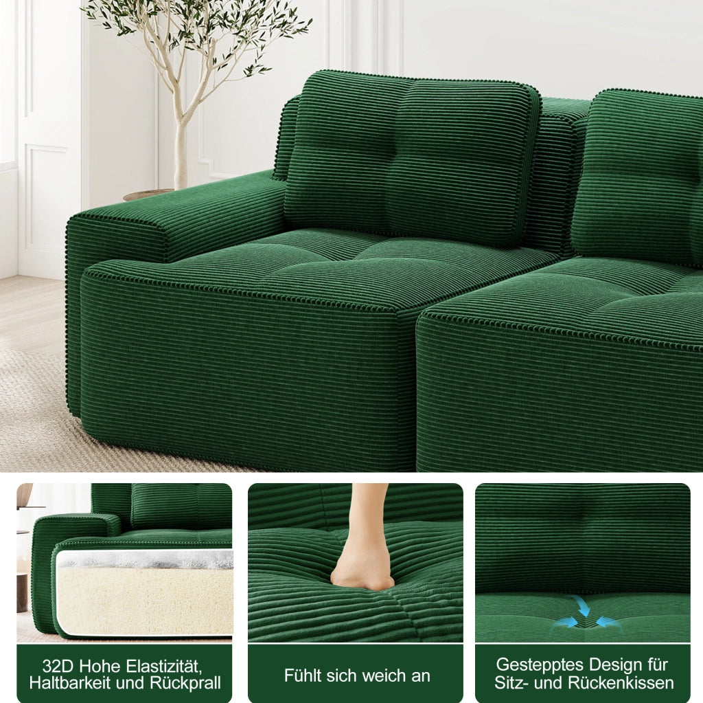 Divano modulare in velluto a coste; seduta profonda 74 cm; verde