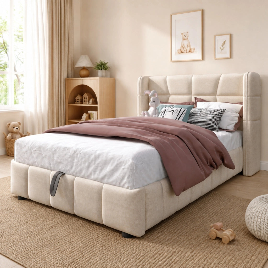 Letto imbottito 90x200 cm beige con contenitore e sollevamento