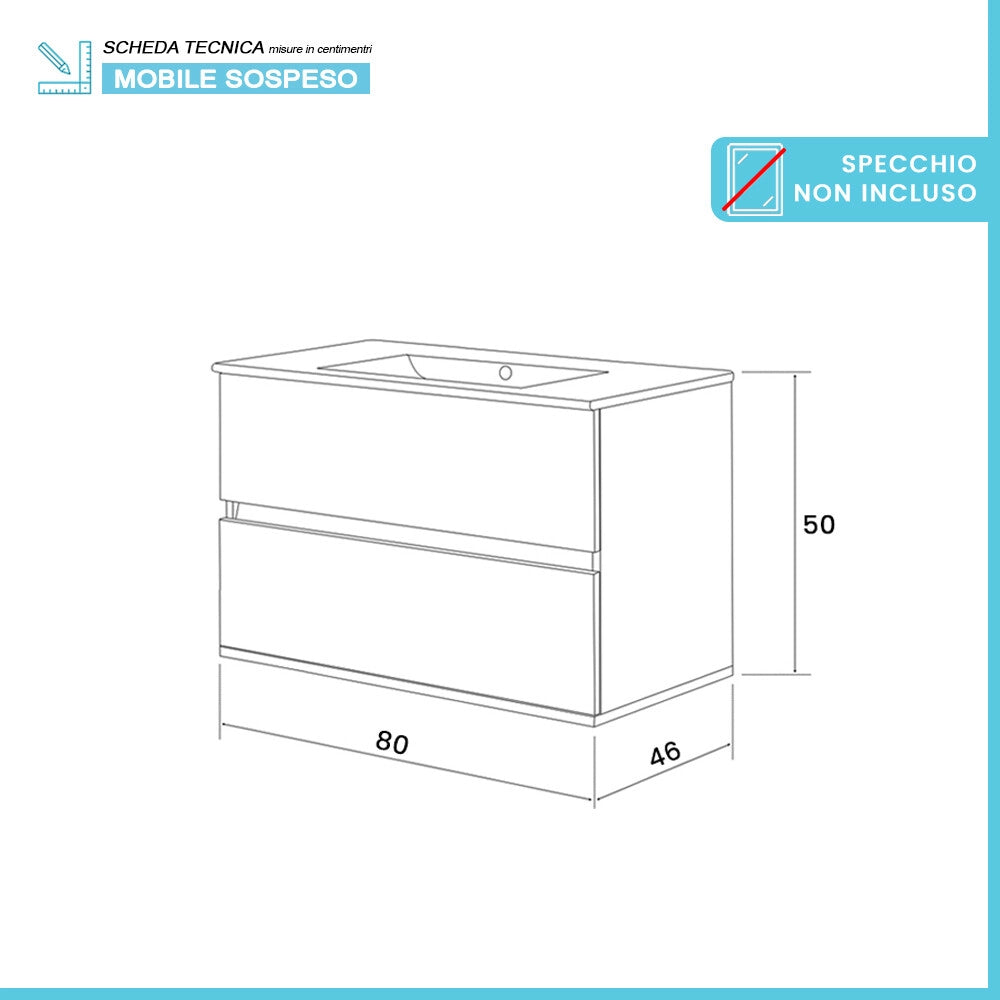 Mobile bagno sospeso 80 rovere naturale completo con lavabo Nadia