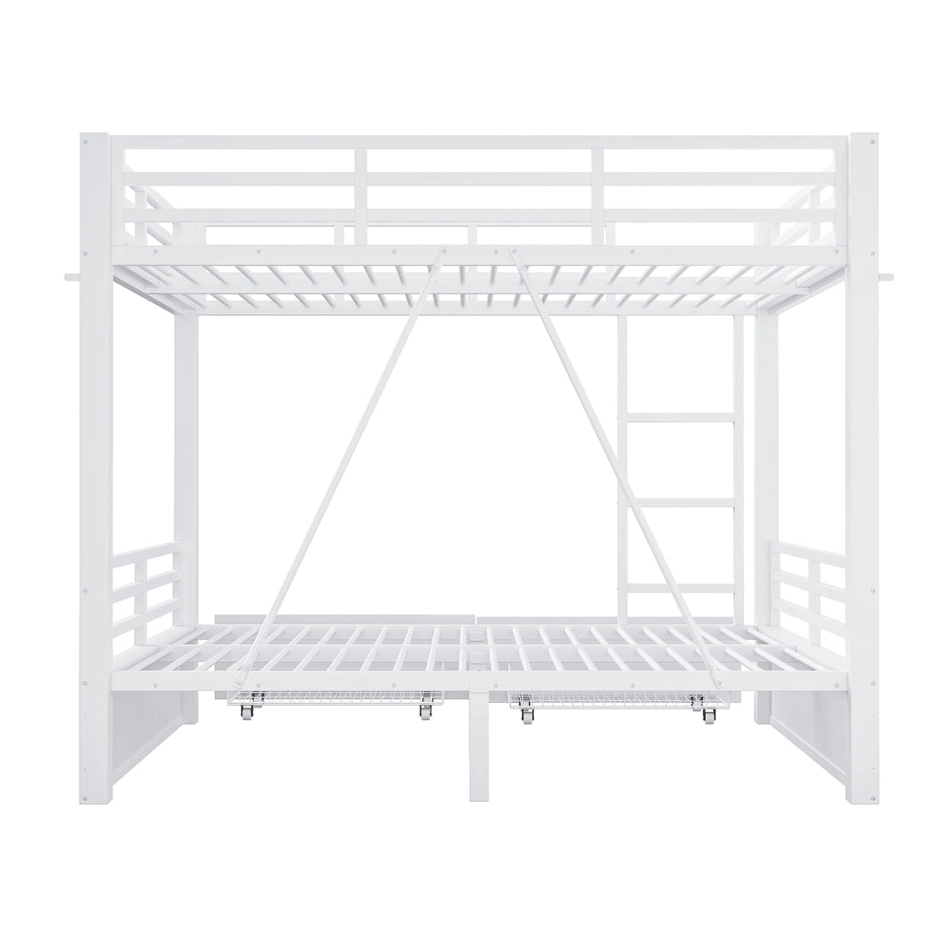 Letto a castello 140 × 200 cm con 2 cassetti, scala e sponde di sicurezza, senza materasso, bianco