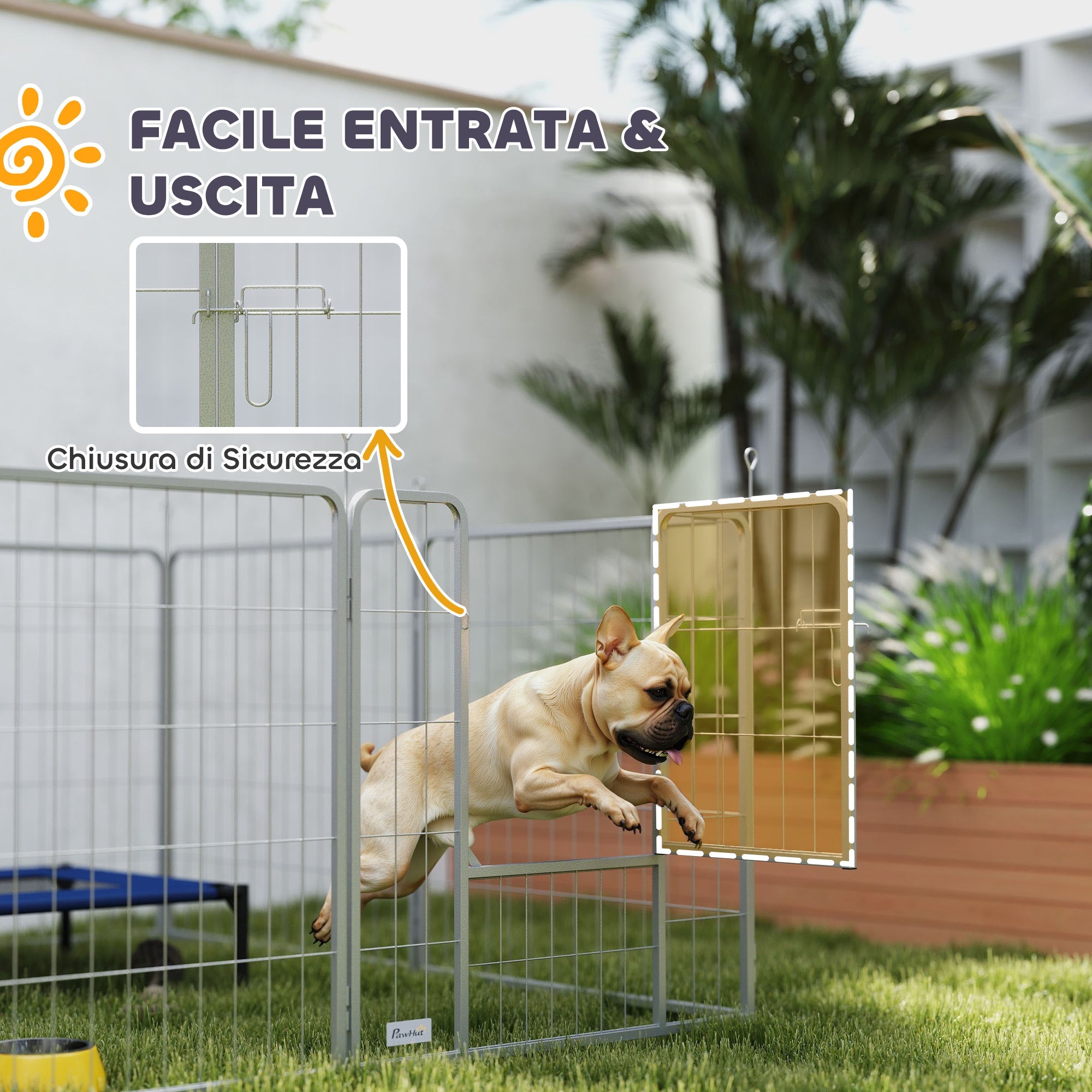 Recinto per Cani a 8 Pannelli Modulabili Pieghevole 80x1,5x80A cm con Porta di Ingresso in Acciaio Argento