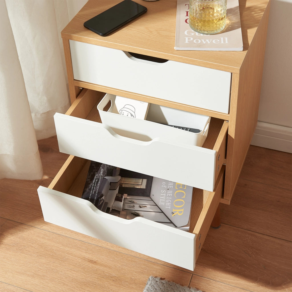 Comodino Bordkak con 3 Cassetti 55 x 40 x 30 cm - Effetto Rovere / Bianco [en.casa]
