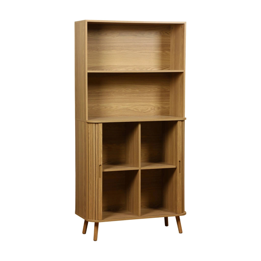 Libreria in legno scanalato con 2 ante scorrevoli a 4 livelli, marrone