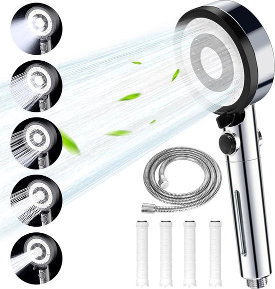 Douchekop con filtro - Alta pressione - 5 funzionalità di spruzzo - 1 pezzo - Acciaio inox - Plastica