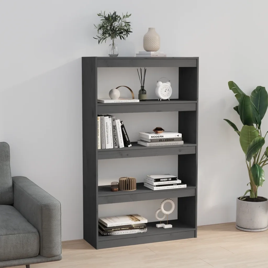 Libreria Divisorio-Scaffale per Libri-Mobile di Stoccaggio Grigio 80x30x135,5 cm in Massello di Pino