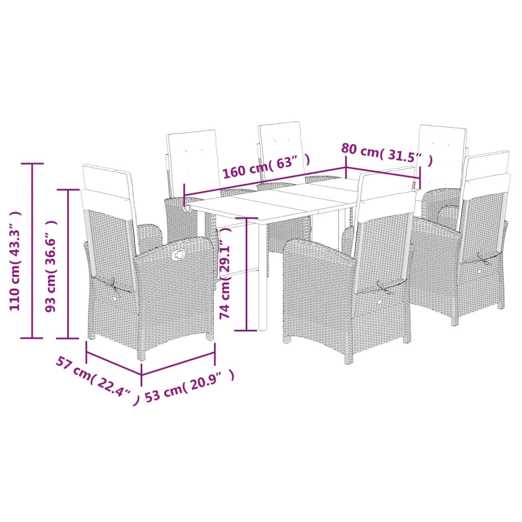 Set da Pranzo da Giardino 7 pz Cuscini Polyrattan Grigio Chiaro 3212609