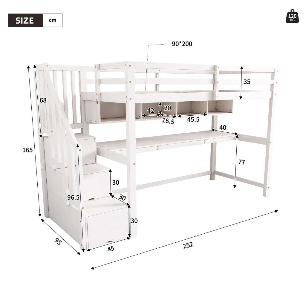 letto a castello in legno massello bianco 95 x 252 cm