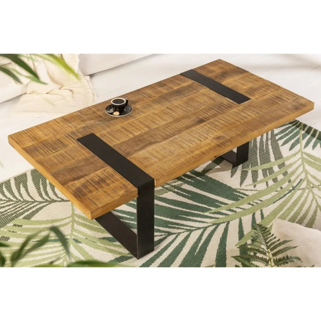 Tavolino basso LODEN 100 cm in legno massiccio di mango e metallo nero - design industriale