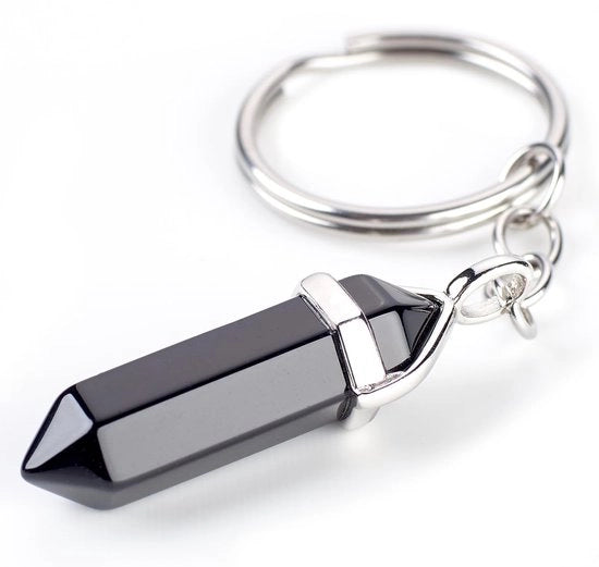 Obelisco Porta Chiavi - Lussuoso Pendente con Gemma Personalizzabile - Ogni pietra è unica - Azione guaritrice, intense colori, elegante posizionamento (Obsidiiana Nera)