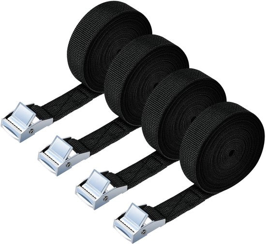 Cintura di trazione, 4 pezzi, 150 kg, 6 metri, cintura di trazione, larghezza 20 mm, cintura di trazione, cinture di trazione regolabili con chiusura a molla per il trasporto, il carico, la valigia, il campeggio - nero