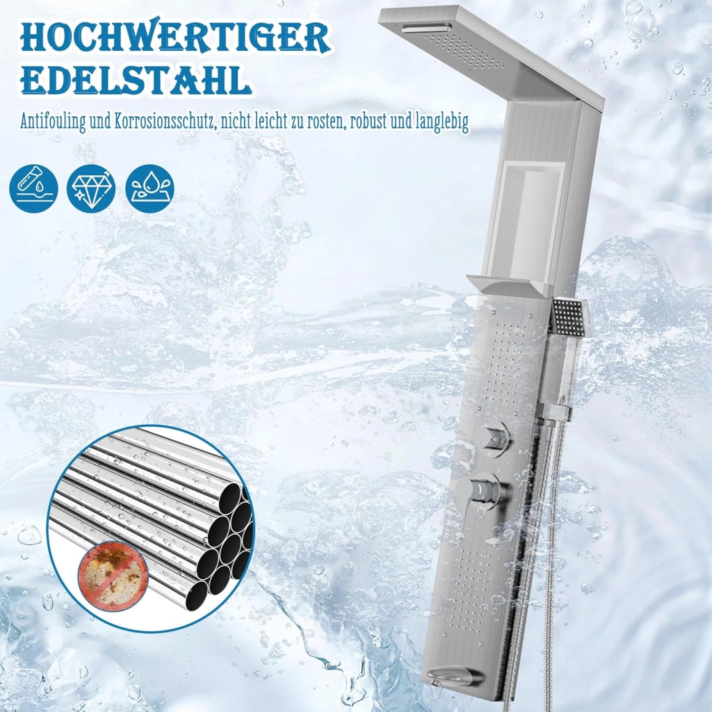 Pannello doccia con colonna doccia in acciaio inox, 5 funzioni, doccia a pioggia a cascata, getti massaggianti, doccetta per vasca e doccia, set completo, colore: argento