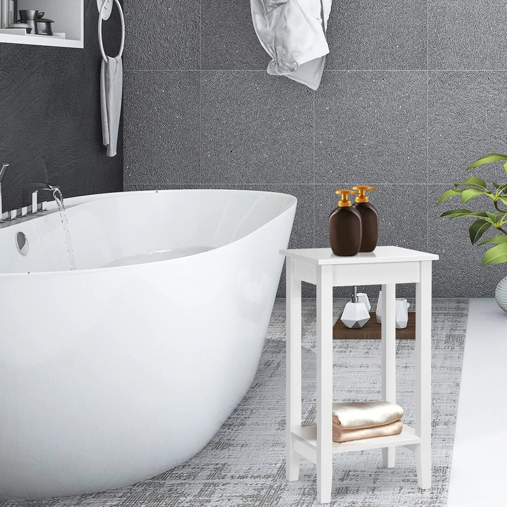 Set di 2 Tavolini da Salotto Alti a 2 Livelli Aperti, Tavolino Comodino in Legno di Pino Massicio, Tavolino Moderno Portaoggetti per Soggiorno e Camera da Letto, 40 x 30 x 73,5 cm (2, Bianco)