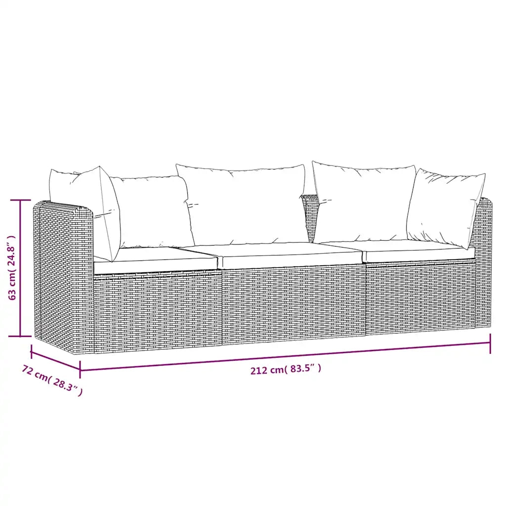 Set Divani da Giardino 3 pz con Cuscini in Polyrattan Nero 46557