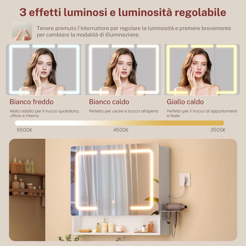 Specchio Bagno Contenitore con Luce LED e Presa Elettrica, Mobile Bagno a Specchio con 3 Ante e Gancio Asciugacapelli, 3 Temperature di Luce Dimmerabili a Touch, Ripiani Regolabili, Bianco