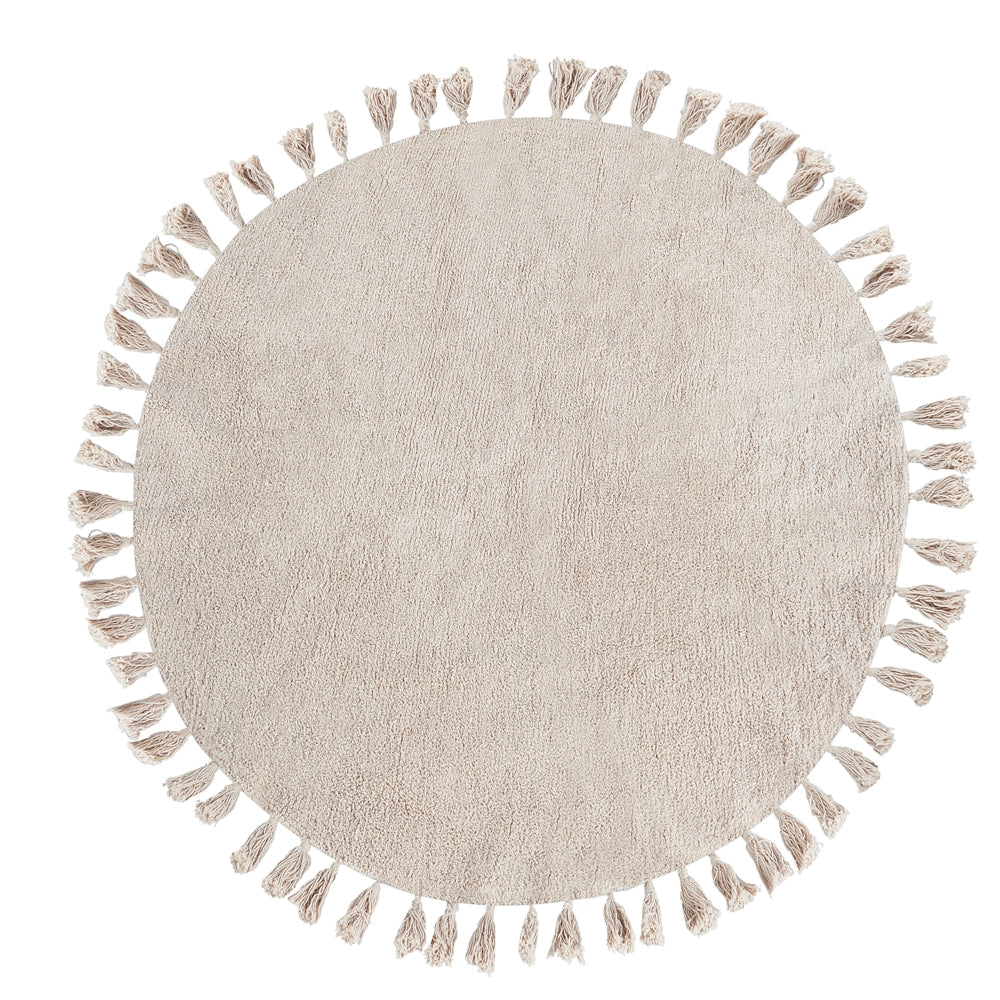 Tappeto rotondo in cotone beige 120 cm  stile boho per soggiorno e cameretta