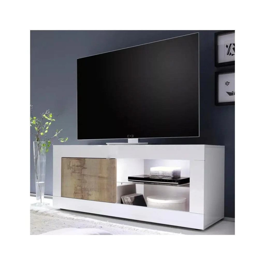 Mobile TV 1 porta, collezione ISORA, colori bianco lucido laccato e rovere chiaro