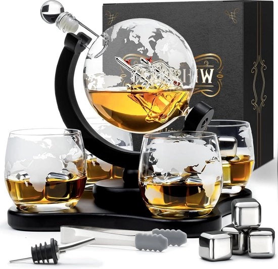 Decantatore di Whisky con forma di Globus Terrestre 900 ml, compreso di 4 bicchieri e pietre - Regalo per Uomini - Regalo di Natale