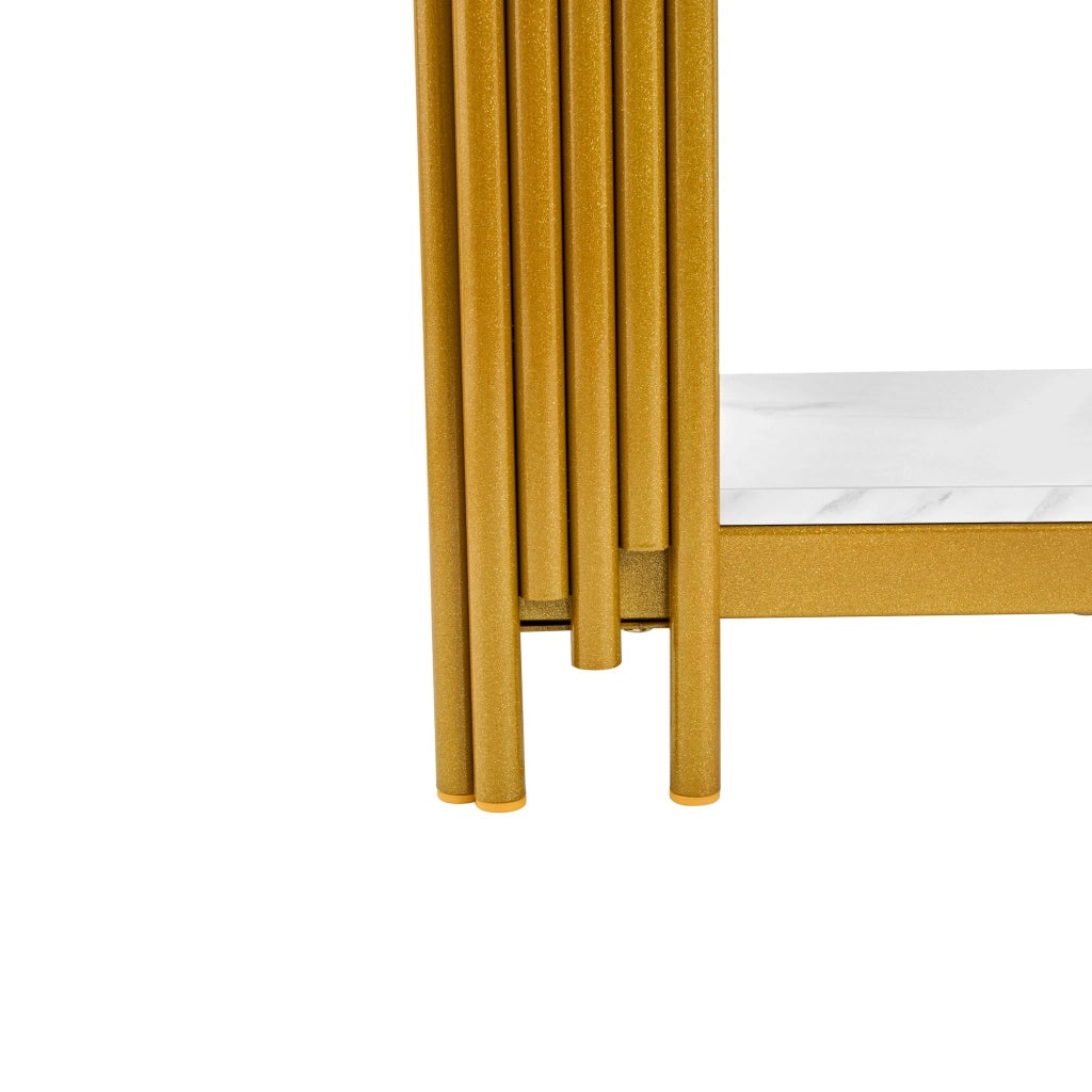Comodino con 2 ripiani in MDF e metallo effetto marmo bianco e oro per camera da letto e soggiorno 43 × 40 × 55 cm