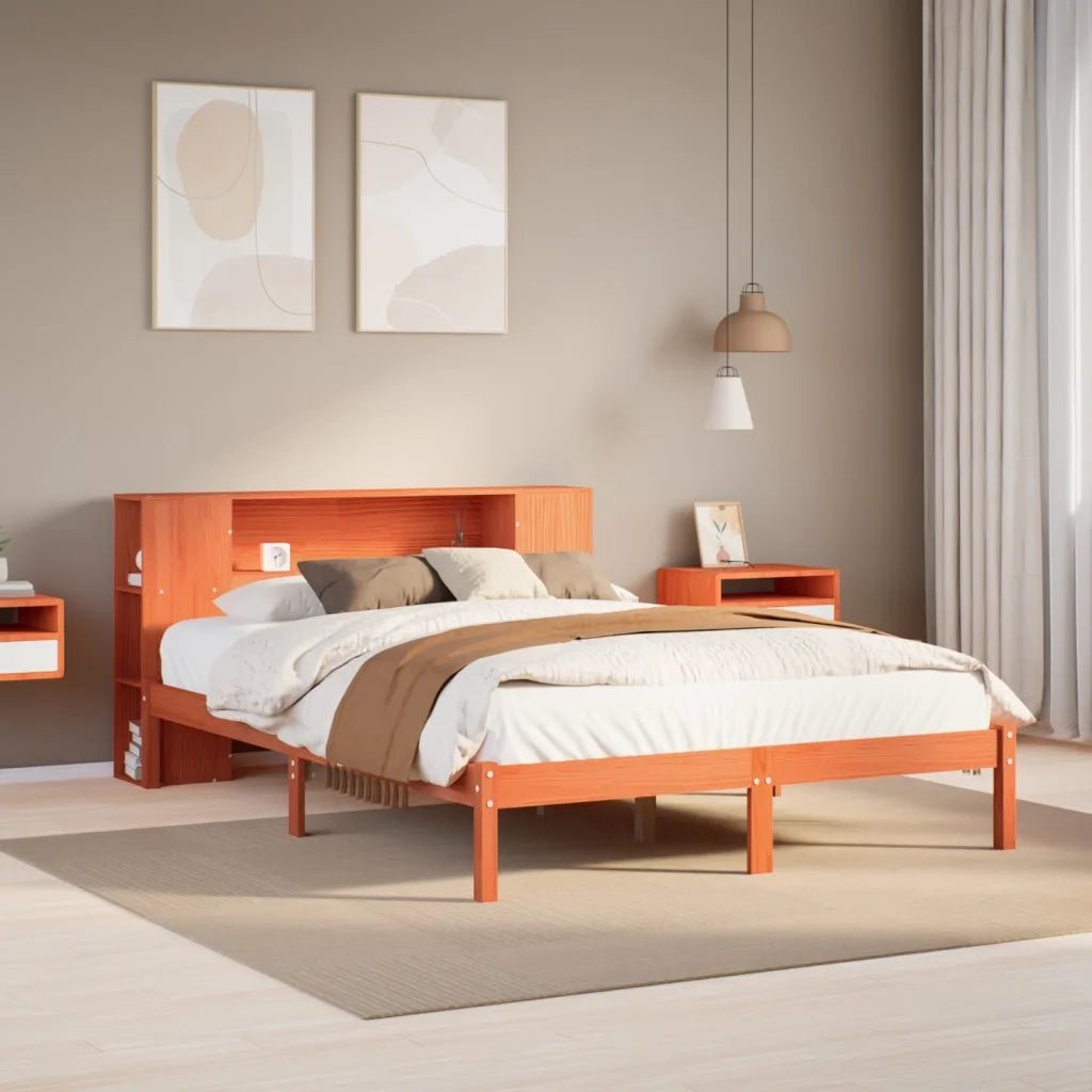 Letto Libreria senza Materasso-Struttura Letto con contenitore Marrone Cera 140x190 cm in Pino 502683