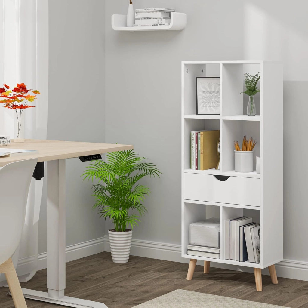 Libreria Moderna Bianca Scaffale Espositore a 6 Cubi Mobile Autoportante per Soggiorno con 1 Cassetto Gambe in Legno Bianco