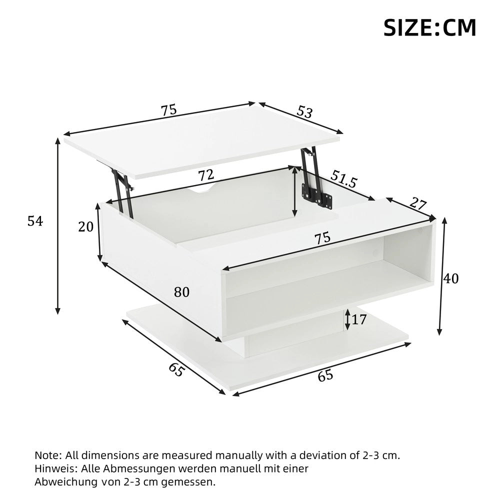 Tavolino da Caff¨¨ con Vano Contenitore e Piano Alzabile ¨C MINIMAL ¨C Bianco Lucido, 80x75x40