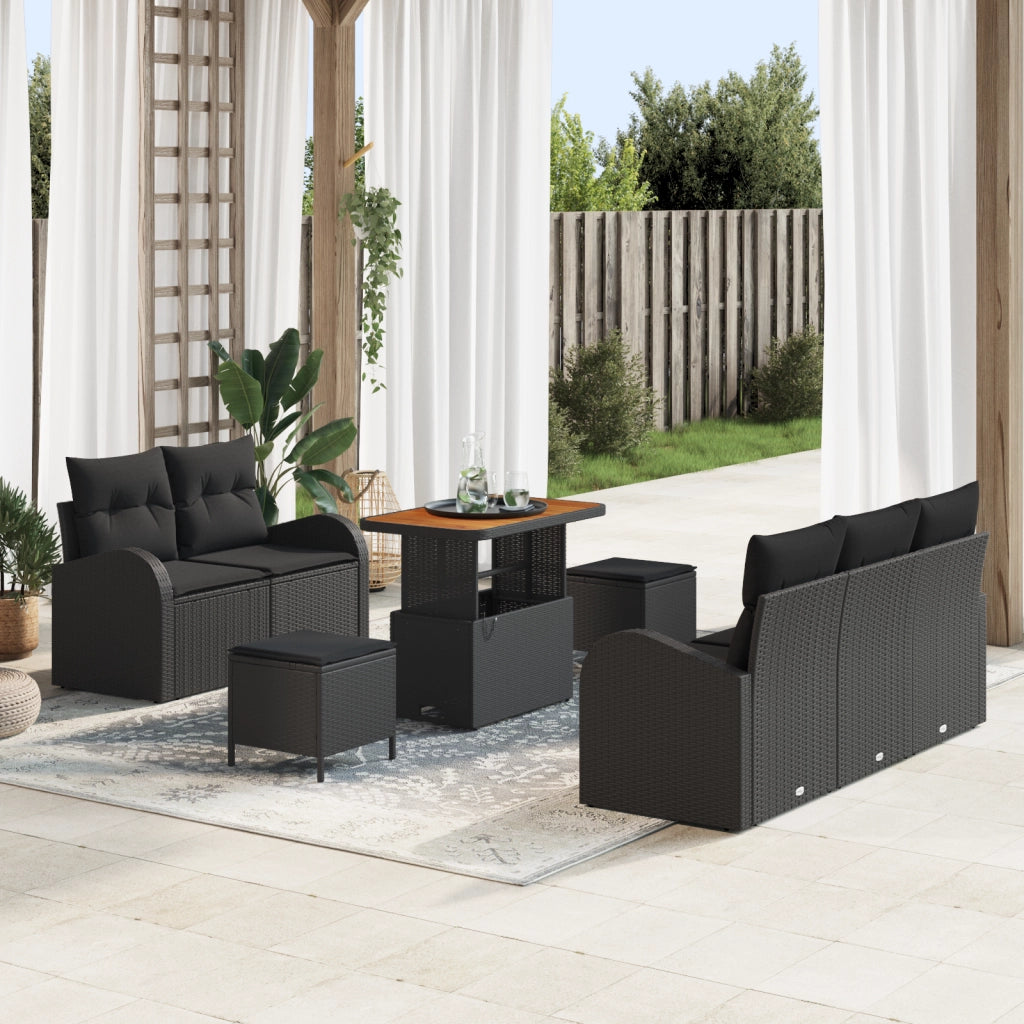 Set di divani da giardino 8 pezzi  con cuscini neri in polyrattan e acacia