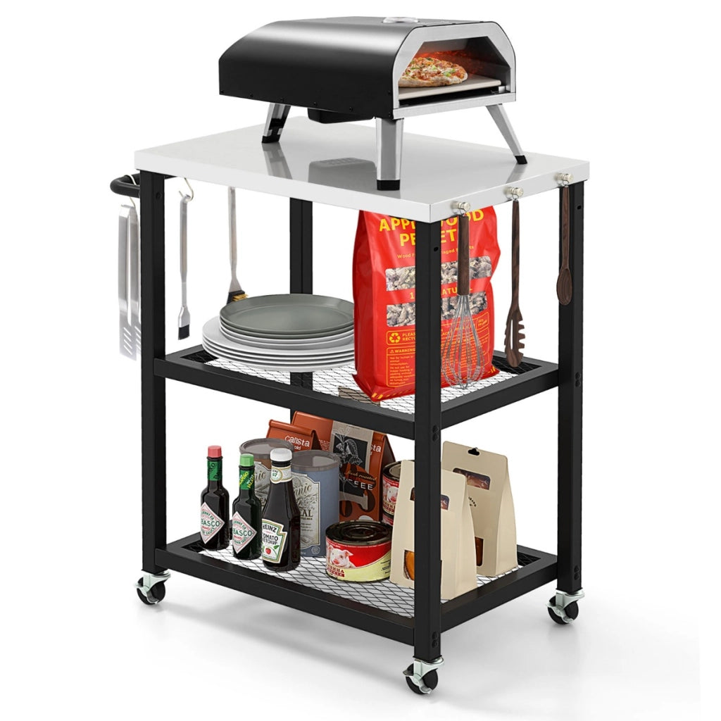 Carrello grill da esterno a 3 piani su ruote, Supporto per forno per pizza con piano in acciaio inossidabile Nero-Carrelli